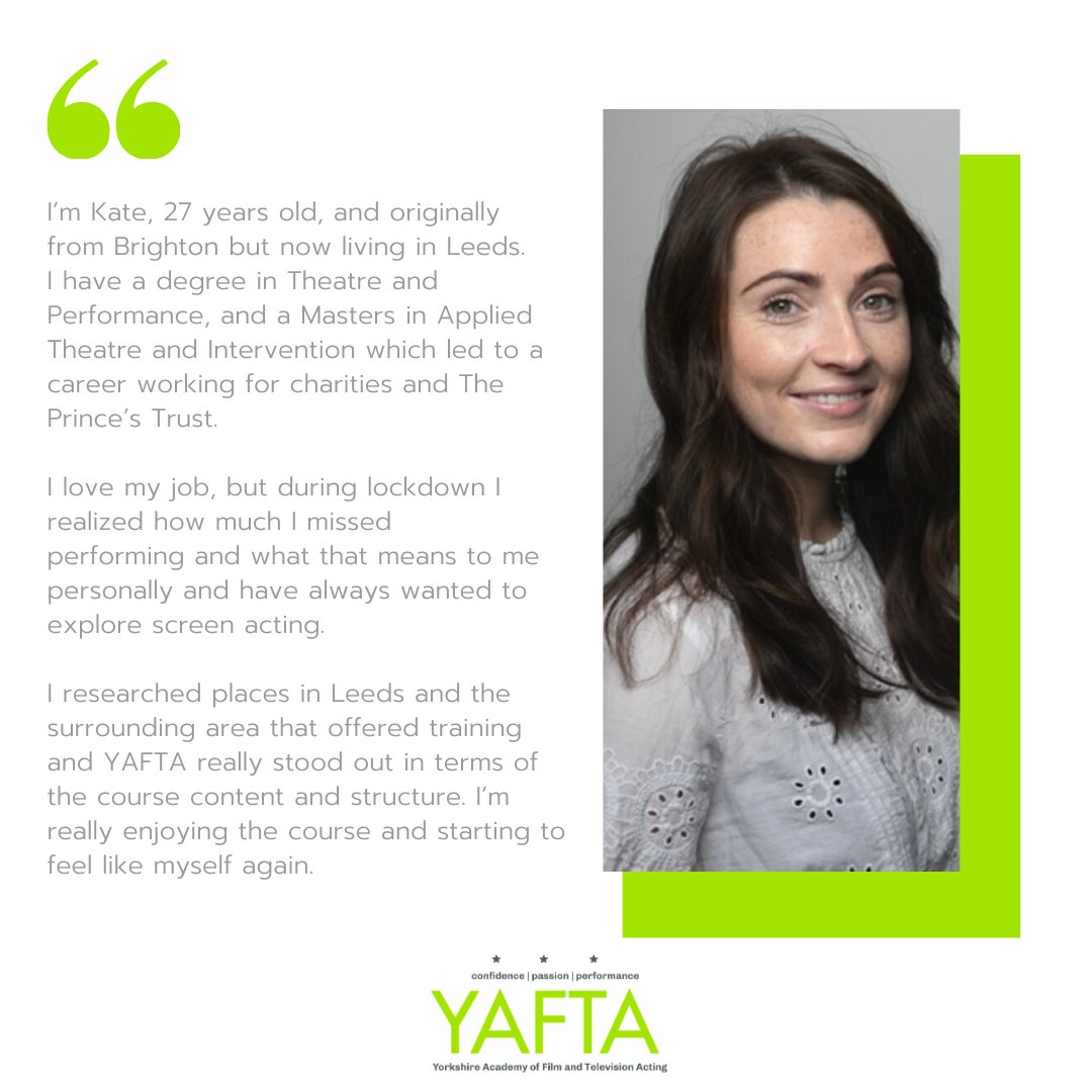 YAFTAUK's tweet image. Kate is one of our latest Acting for Screen Diploma students who started the course in October this year. Here&apos;s Kate&apos;s story on why she chose YAFTA #actinglives #actingforscreen #actingstudent
