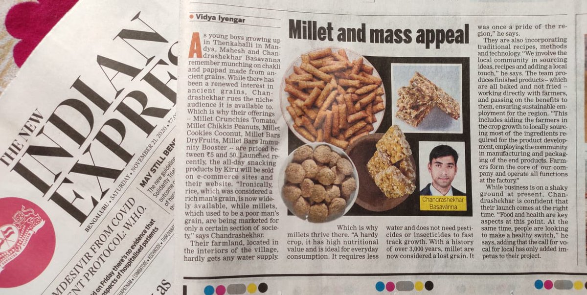 Kiru_Millet's tweet photo. How millet snacks are catching on. A story by The New Indian Express. 

@vidyaiyengarblr @XpressBengaluru Thank you! 

#Kiru #Snacks #AllDaySnacking #HealthySnacks #Millets #MilletSnacks #Original #Chikkis #Crunchies #Yummy https://t.co/b8qVNqwEtr
