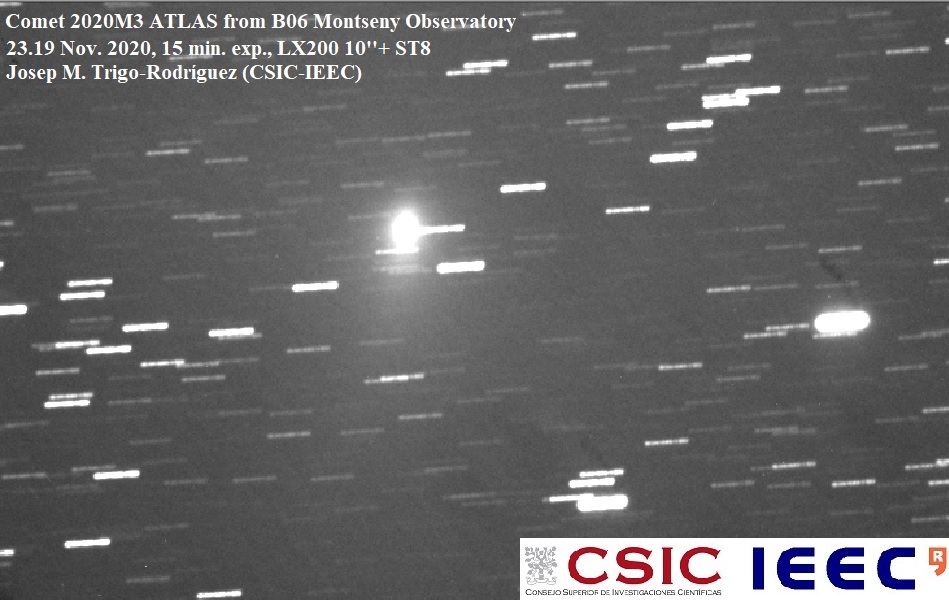 Josep_Trigo's tweet photo. #C2020M3 ATLAS IN A 15 MINUTES STACKED IMAGE from #MontsenyObservatory. This comet is at 55 million km from Earth, and 200 million km from the Sun. Image res.= 1 arcsec/pixel. It has visual magnitude +7 noticeable with binoculars. Location @HeavensAboveCom https://t.co/SX9Q6AzQsr https://t.co/IY9AxAtMkc