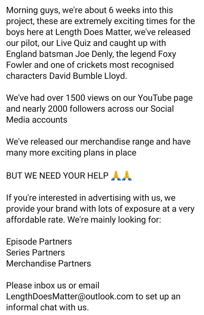 We'd really appreciate a RT of this one guys.. We've huge plans and would love businesses to get get involved in becoming partners: Episode Partners 🏏 Merchandise Partners 🏏 Series Partner🏏 #LengthDoesMatter #partnerships #Cricket