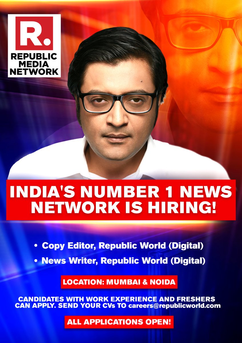republic's tweet photo. Here’s your chance to work at India's No. 1 news network! We're on the hunt for the sharpest minds and most astute hands in the digital news space. Fire in your CVs to careers@republicworld.com, or apply at https://t.co/N2DyEuQtAi &amp; https://t.co/zMXomYjnYy https://t.co/f1ax7q9B7m