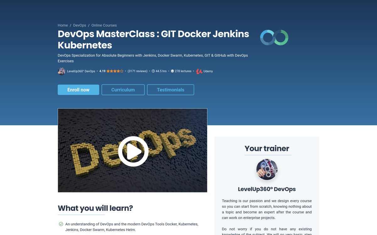 howtolearnb1og's tweet image. DevOps MasterClass : GIT Docker Jenkins Kubernetes
🗣️ LevelUp360° DevOps ⭐️⭐️⭐️⭐️ 4.19 ⏲️ 44.5 hrs
➡️ howtolearn.blog/devops-masterc… ⬅️
#programming #learning #devops #git #docker #jenkins #kubernetes #learningathome #udemy #udemycoupon #masterclass #cloudcomputing