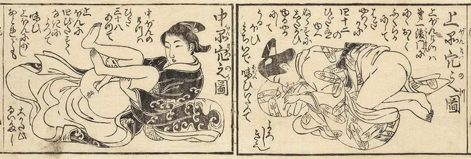 「会本夜水交(えほんよみずのまじわり)」に男色においてマラを挿入する際の肛門の上中下のランクの説明がある。

上品穴は第一に肉多くふっくらとしていて、肌が柔らかく穴に四十二のヒダがあるため濡れるに従って潤いが満ちて味わいがよい

中品穴はヒダが三十八で味わいは上品に劣るけどまあ良い 