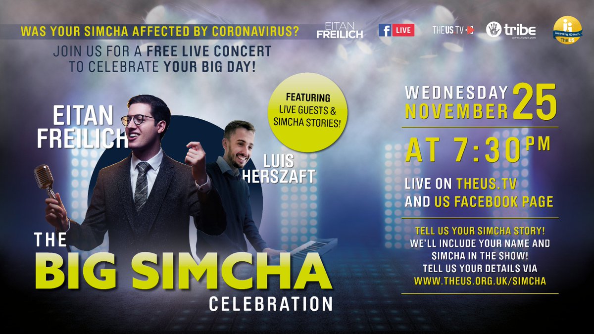 UnitedSynagogue's tweet photo. If you've had a simcha affected by Coronavirus, tell us via https://t.co/PO90buehIA and we'll mention you and your simcha live on air at The Big Simcha Celebration concert!
Whether it’s a bar or bat mitzvah, a wedding, a special birthday or anniversary, we want to hear from you! https://t.co/niNTpgtQWD