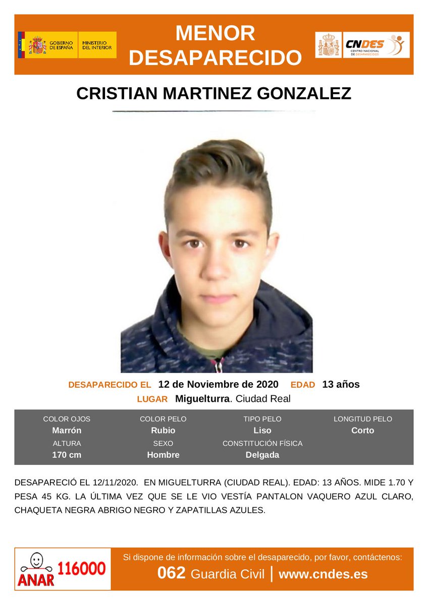 guardiacivil's tweet photo. 🆘#MUYURGENTE⚠️ 
Este es Cristian, un #menor que ha #desaparecido en Miguelturra #CiudadReal 
 Si le ves llama
☎062
☎112
#Colabora, tu RT es importante https://t.co/lzIzXxwbzI