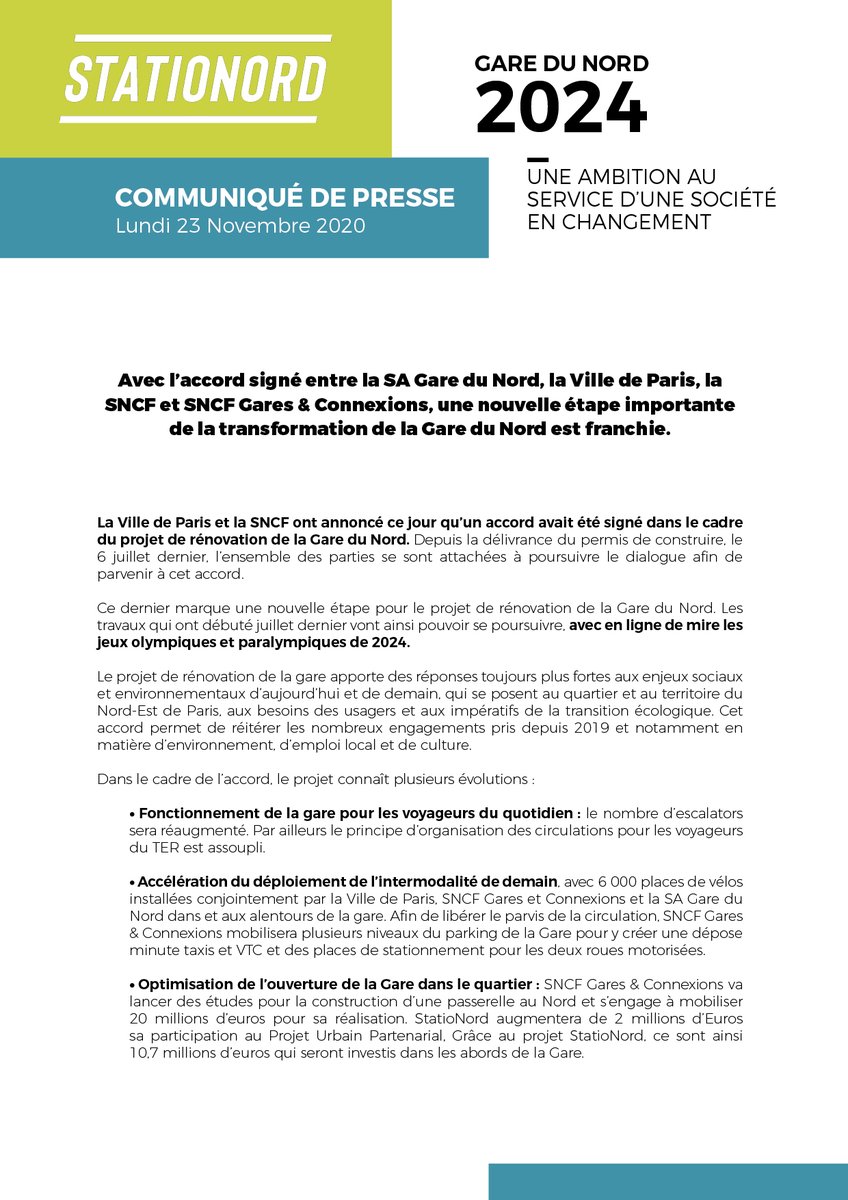 StatioNord's tweet photo. La Ville de @Paris et la @SNCF ont annoncé ce jour qu’un accord avait été signé dans le cadre du projet de rénovation de la #GareDuNord.  
Une nouvelle étape importante de la transformation de la Gare du Nord est franchie ⤵️ https://t.co/pFFjSuCSq7