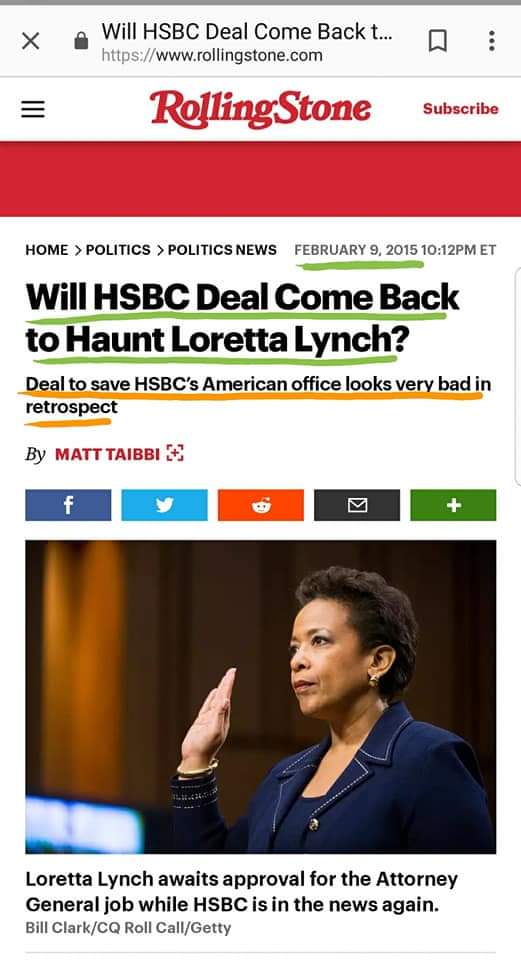 HI LORETTA.....ive been waiting on you WHO further protected HSBC from any criminal harmHSBC=Dominion=Clintons