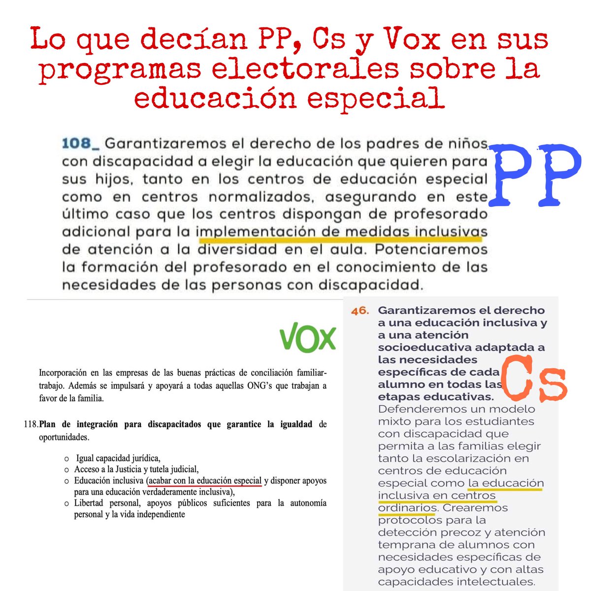 DomingoDguez's tweet photo. 🔴 Lo que decían PP, Cs y Vox en sus programas electorales sobre la Educación Especial y lo que dice la Ley Celaá en dos imágenes https://t.co/cJL5ATudlu