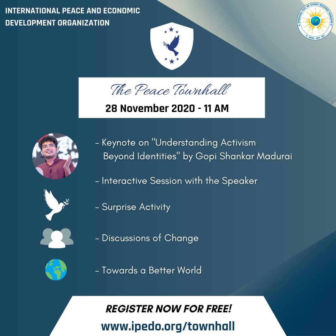 ipedoofficial's tweet photo. Wanna Change the World? Then How about a Power Packed Virtual Event for Change? Here's the Peace Townhall for you coming this 28th November 2020. Register Now For Free: https://t.co/eSck8OmSbe

#Event #Online #Twitter #Global #Youth #India #Change #mondaythoughts #Peace #Ipedo https://t.co/TlDcpFGQWW