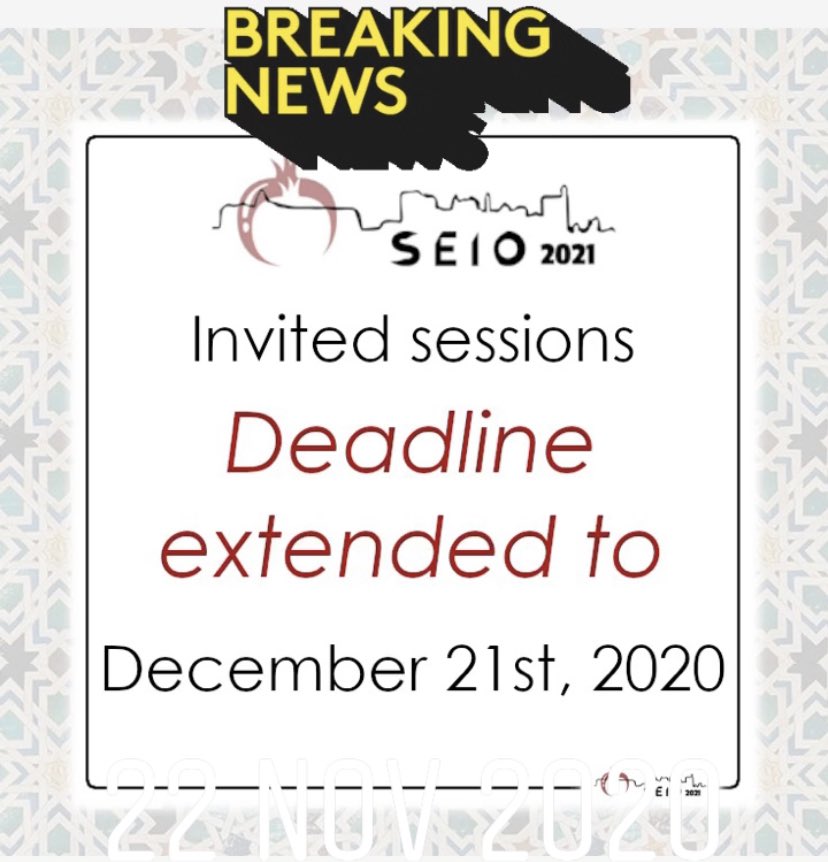 Deadline for Invited Sesions Proposals EXTENDED!! New date: December 21st!! Some more time to organize your sesions!! #seio2021granada <a href="/SEIO_ES/">SEIO</a>