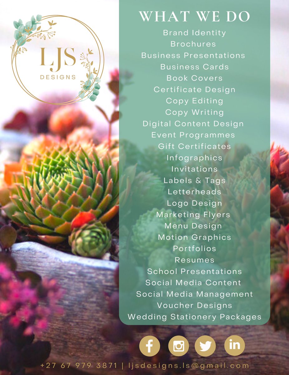 DesignsLjs's tweet photo. 𝒲𝑒 𝒽𝒶𝓋𝑒 𝓈𝑜 𝓂𝓊𝒸𝒽 𝓉𝑜 𝑜𝒻𝒻𝑒𝓇💫

Check out our list of services and get in touch for some awesome packages deals😎

Let’s work together✨🤍✨
ljsdesigns.ls@gmail.com
+27 79 886 3879 - WhatsApp

#content #socialmediacontent #designes #marketing #onlinemarketing# https://t.co/Ani4KotoLk