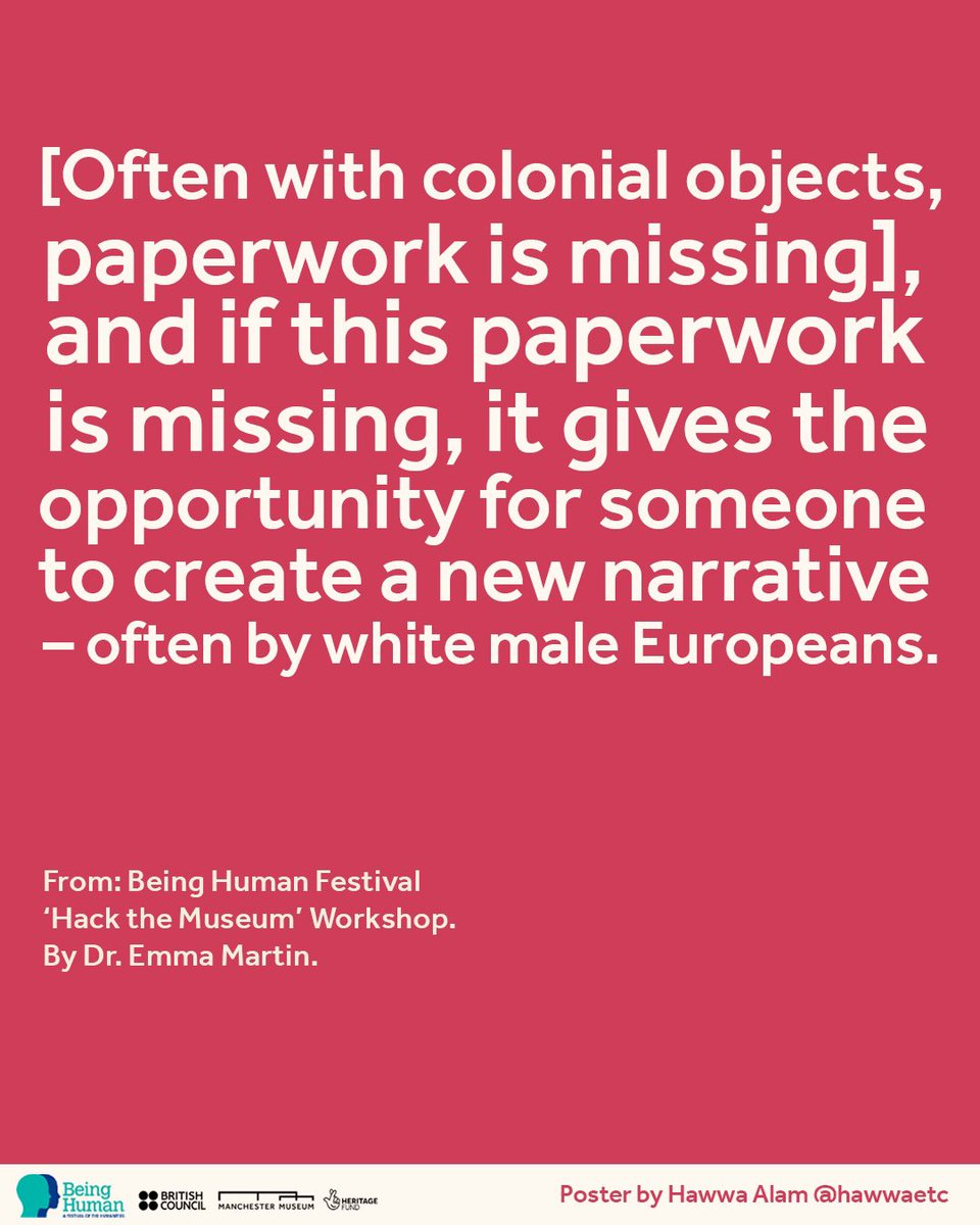 Last week was @BeingHumanFest Festival 2020!

Manchester Museum held ‘Hack the Museum’ workshops. From the discussion, we picked out quotes that highlight the importance of providing alternative narratives to colonial collections.

#OSCH #kickthedust #beinghumanfestival