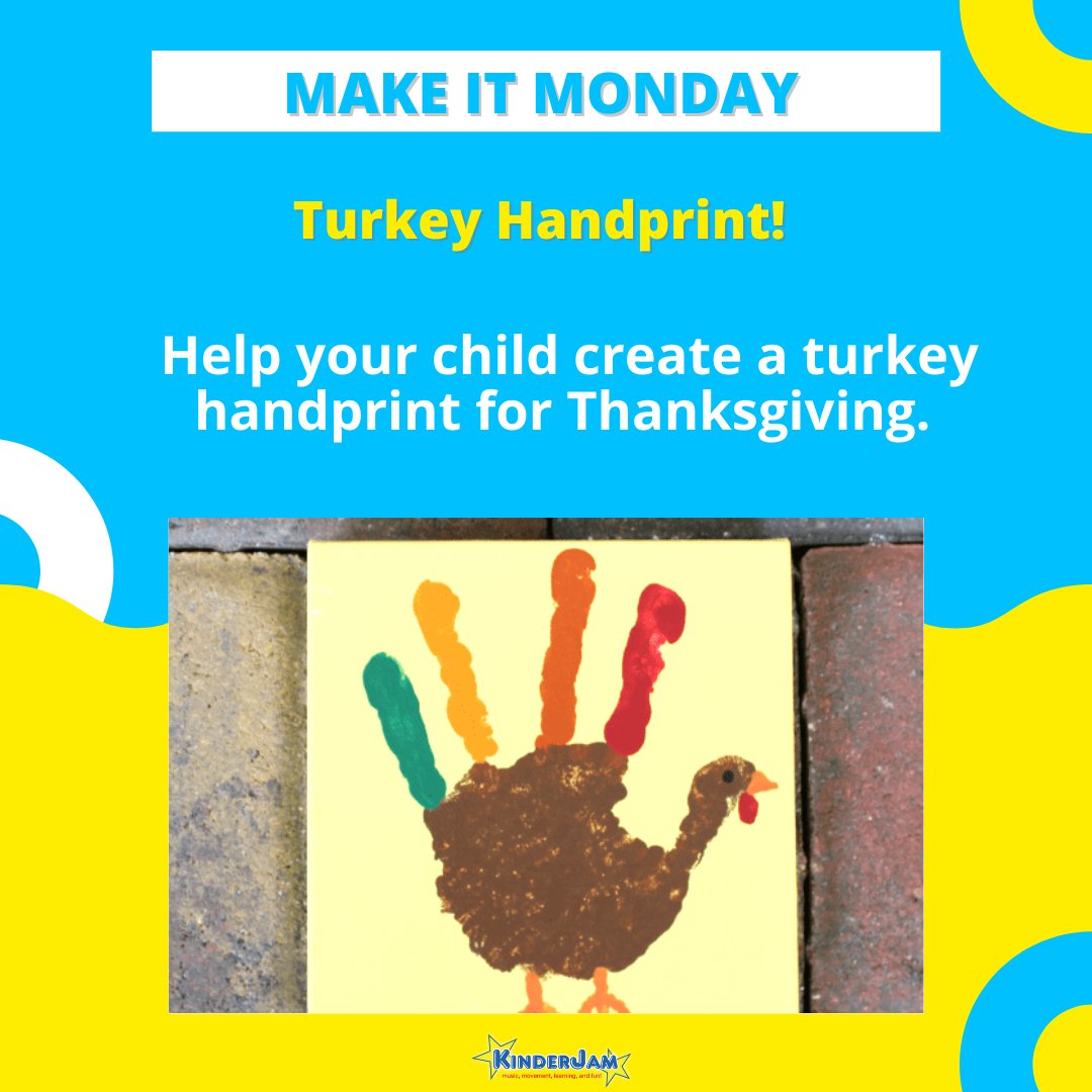 KinderJam's tweet photo. 👩‍🎨🎨 MAKE IT MONDAY 🎨👨‍🎨

Tip: Instead of paint, you can also trace your child’s hand on paper and then cut little tear drop shapes using the color paper to create a turkey. ✍️🦃

Let us see your festive creations and Happy Thanksgiving!!! 🍁🍽

#kinderjam https://t.co/pXs9cKzBiD