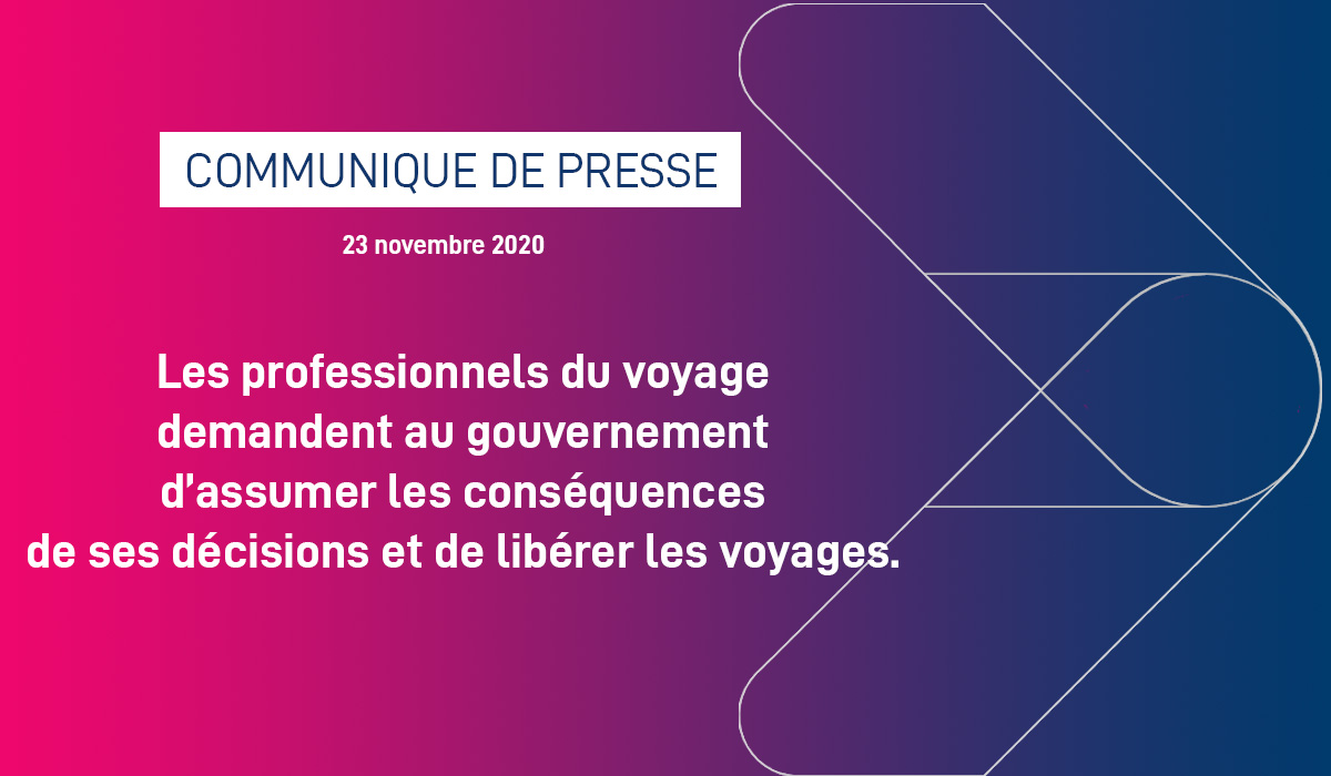 Les professionnels du voyage demandent au gouvernement d’assumer les conséquences de ses décisions et de libérer les voyages.
👉 Lire le communiqué : bit.ly/3fpwQ9L 

<a href="/JBLemoyne/">Jean-Baptiste Lemoyne</a> <a href="/JeanCASTEX/">Jean Castex</a> <a href="/BrunoLeMaire/">Bruno Le Maire</a> <a href="/alaingriset/">Alain Griset</a>