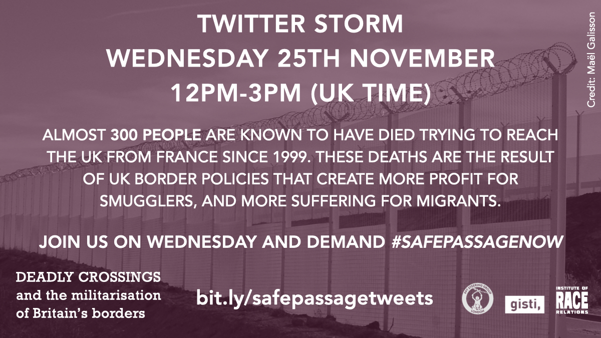 📢TWITTER STORM WEDNESDAY!

To shine a spotlight on the nearly 300 border-related deaths between the UK &amp; France since 1999, we're asking people to take part in an online action this Wednesday at 12-3pm, using the hashtag #SafePassageNow

Details at bit.ly/safepassagetwe…