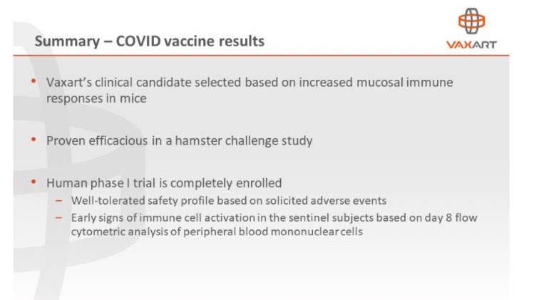 Here are some slides from a recent  $VXRT presentation detailing how their oral vaccine tablet (wrapping up Phase 1 trials this month) is aiming for mucosal immunity and is already showing a strong T-cell response.