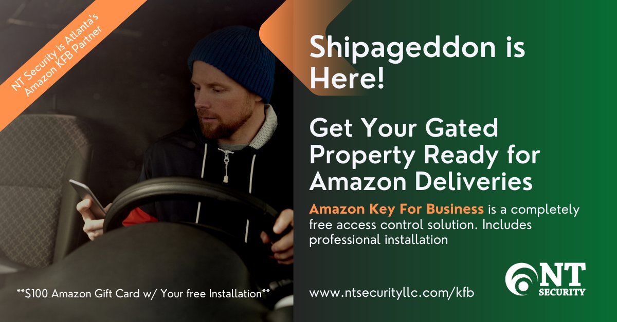 ntsecurityllc's tweet photo. Shipageddon? A shipathon? A perfect ship storm? Whatever you want to call it, it's coming to your gated building this holiday season. Get your **free** Amazon KFB access control solution professionally installed now (and get a $100 Gift card!).  
https://t.co/5WSqMqpxi3 https://t.co/gSvX1OYFDF