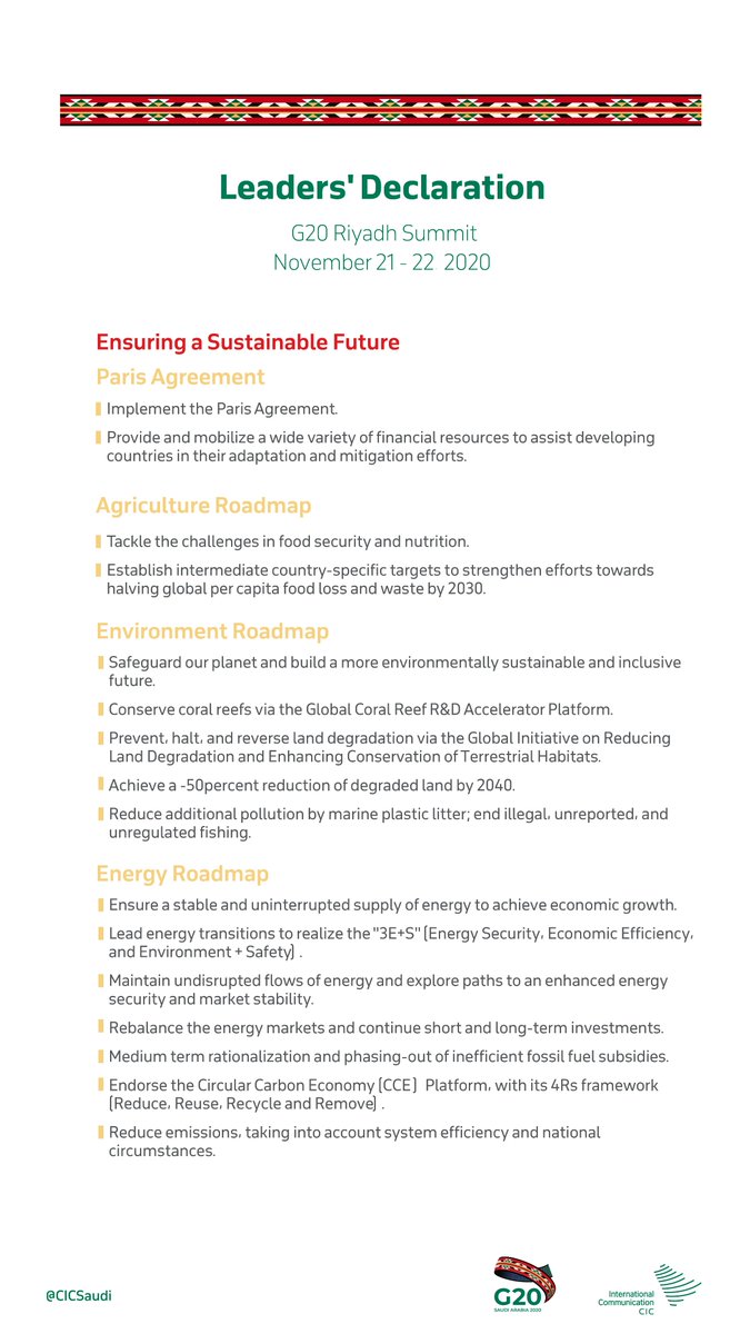 CICSaudi's tweet photo. To ensure an environmentally sustainable future, #G20 Leaders commit to tackling climate change and promoting Circular Carbon Economy (CCE). https://t.co/u1xvK6tEDo