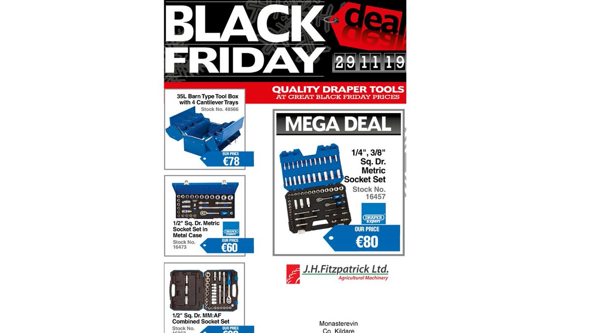JH_Fitzpatrick's tweet photo. Check out our BLACK FRIDAY DRAPER DEALS in-store and on https://t.co/G1WFOe8Yed
#drapertoolskildare #jhfitzpatrick #blackfridaydealskildare https://t.co/QyrIrk8FdX
