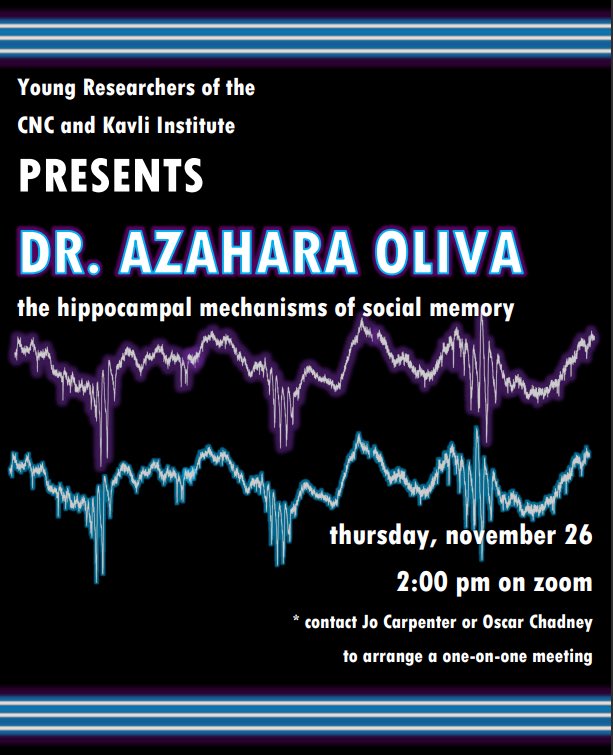 kavliYROCK's tweet photo. YROCK is excited to host @azayhara at @KISNeuro for a virtual talk *this Thursday* (Nov 26) at 2:00 PM on the hippocampal mechanisms of social memory! Please contact @JCarpenter___ or @OscarChadney if you are interested in a one-on-one meeting with Dr. Oliva. https://t.co/mE1hXbTTi6