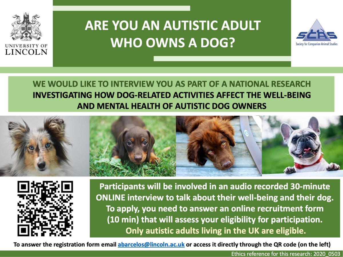 Are you autistic and own a dog ? If yes then <a href="/unilincoln/">University of Lincoln, UK</a> needs you . You can use the QR code below or alternatively email abarcelos@lincoln.ac.uk to participate .