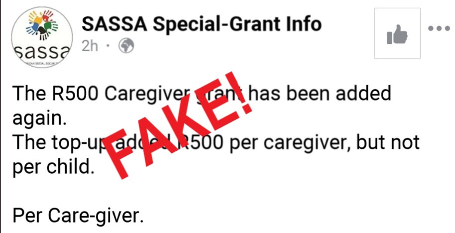 SASSA on Twitter: "Please note that the below information is FALSE and does  NOT come from SASSA. All the top up amounts for the social grants (Old Age,  Disability, War Veterans,Child Support,Foster