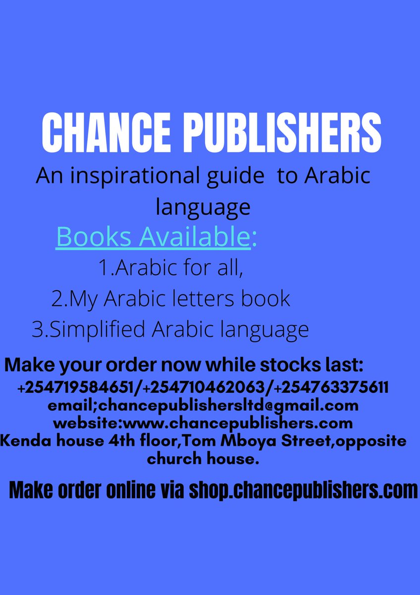 ChancePublisher's tweet photo. Learn Arabic language now from our Arabic books,,
Make your order now ,,,Call us on +254719584651/+254710462063 or email us at chancepublishersltd@gmail.com 
#chancepublishers 
#AU2020 
#AntiBullyingWeek 
#Magicalkenya 
#abc730 
#mondaythoughts 
#kiflaps https://t.co/DheTZ0ym34