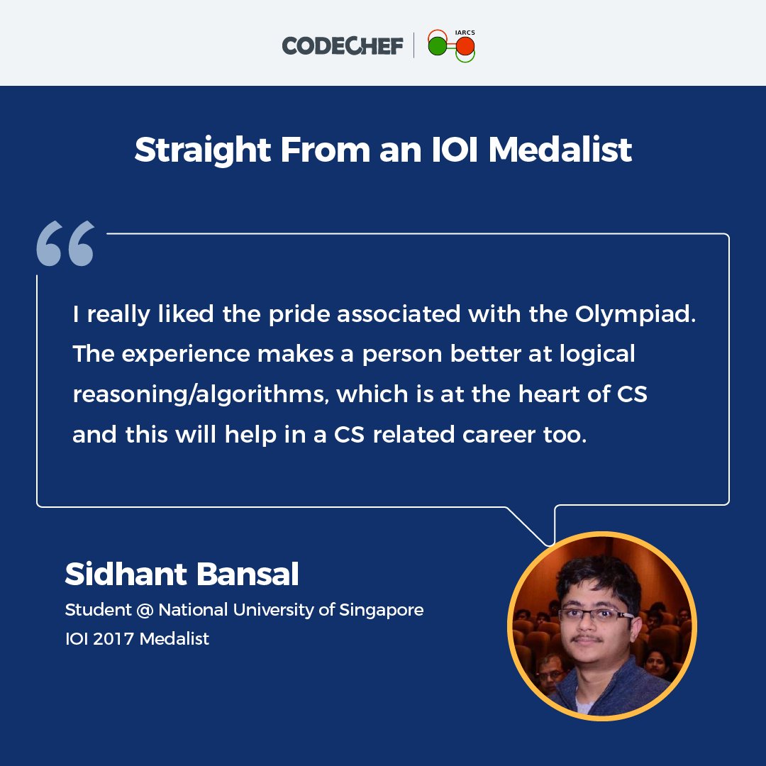 codechef's tweet photo. Start your IOI journey by registering for the Zonal Informatics Olympiad today: https://t.co/QE7HFCMqET
Spread the word - Please reshare to make all Indian school students, school authorities and parents aware of ICO 2021.
#GoForGold #CodeChef #programming #CodeChefForSchools https://t.co/E82uMJQPNG