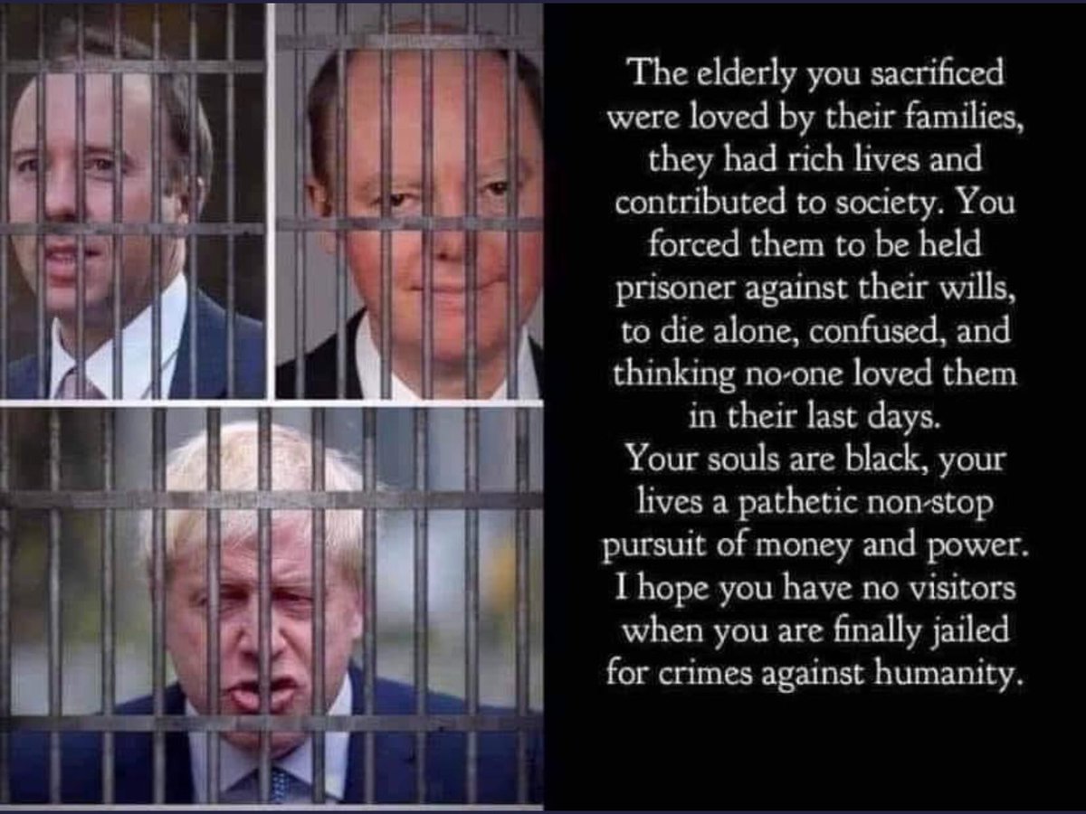 sarfsee's tweet photo. @SidneyLovesLife @False_Pos1t1ve @MattHancock @BorisJohnson @RishiSunak @uksciencechief I have got by relatively lightly compared to a lot of people who have lost much more: their #jobs, #houses, #lives
Lost the love & touch of their #LovedOnes when they have died
Mine:-
#LossOfLibertyForMonths
#LossOfFreedoms
#LossOfDemocracy
I will never forgive them
#Nuremberg2 https://t.co/SFseMpaVDw