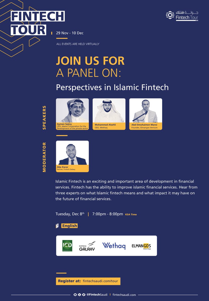 GIFSummit's tweet photo. Join us for the first discussion on #Islamicfintech in Saudi at the #FintechTour20 on 8th December. #Islamicfinance #Halaldigitaleconomy @ICD_PS https://t.co/gbyLnZDxBc