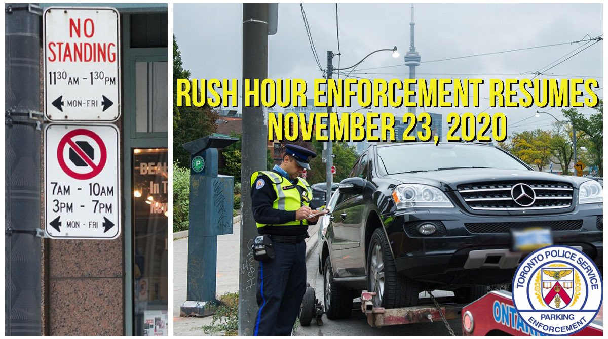 ParkingTPS's tweet photo. Just a reminder today we are resuming enforcement of #RushHourTO. We understand Toronto is in lockdown. We encourage curb side pick up and delivery drivers to park legally. Discretion will be utilized. Tagging and towing will resume to keep traffic moving. @TrafficServices https://t.co/Hjwv1GAFZ3