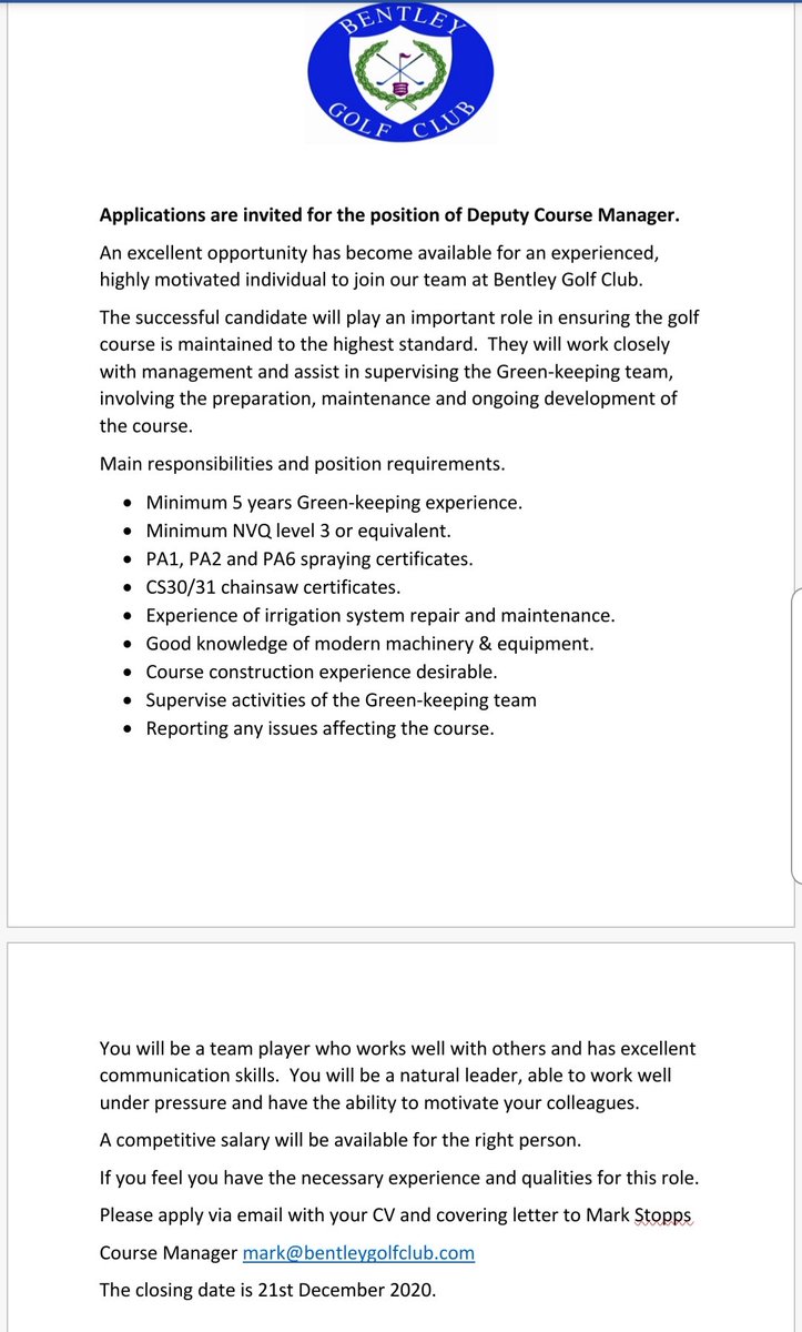 mark_stopps's tweet photo. A great job opportunity has arisen at Bentley Golf Club for the position of Deputy Course Manager https://t.co/UPcg5hCdq8