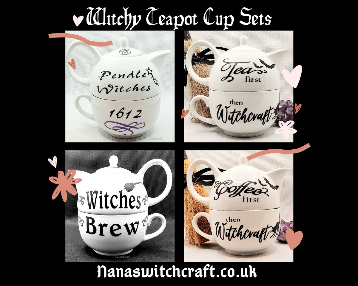 NanasWitchCraft's tweet photo. ☆●♡Drink your favourite witches brew, herbal tea or coffee with our teapot &amp; cup set for one! 

#witchesbrew #pendlewitches #teafirst #coffeefirst #witchcraft #teapotcupset #QueenOf #witchydecor #kitchenware #shopindie #uksmallbiz #witchesoftwitter 

https://t.co/ND391J17Oq https://t.co/wGWGNdZV5X