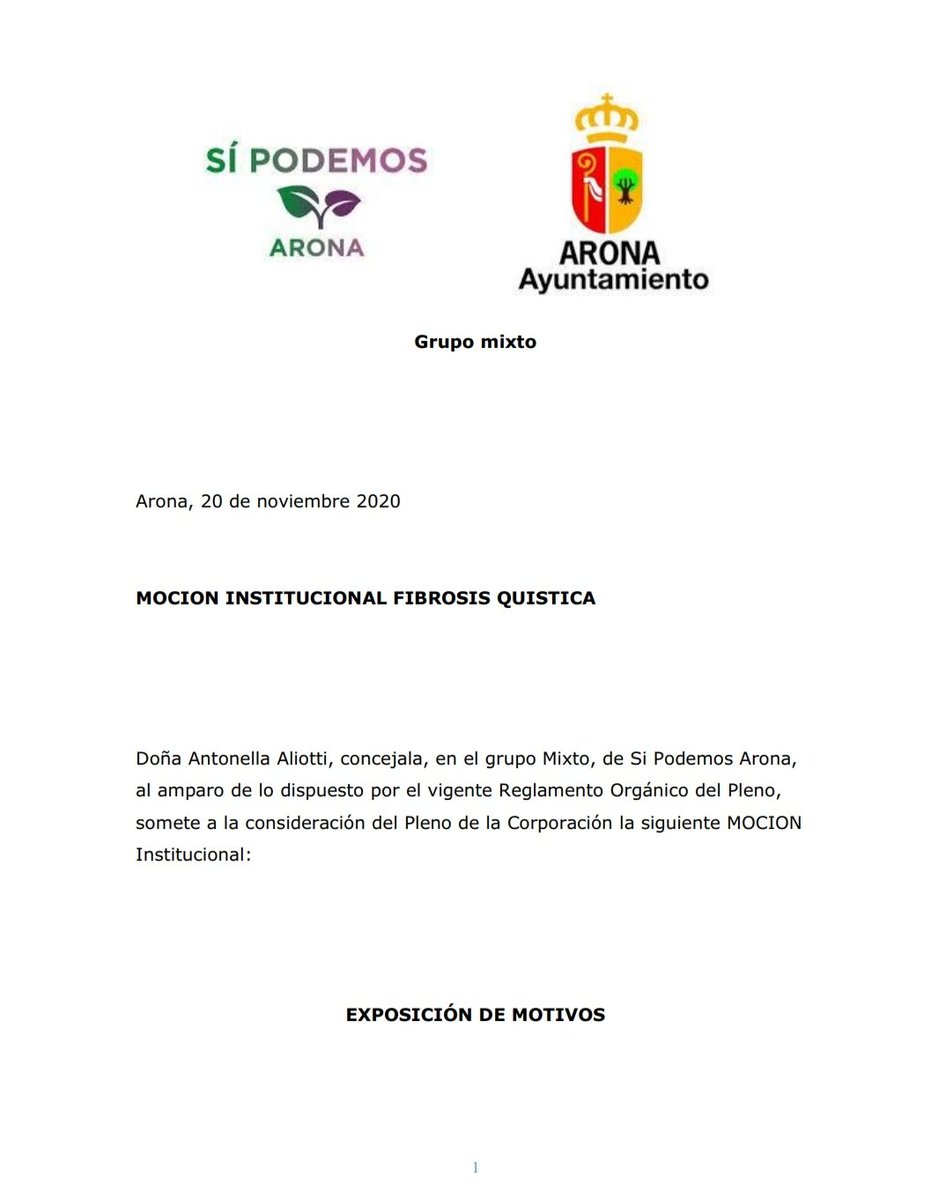 DQuistica's tweet photo. Hoy ha sido aprobada la Moción Institucional presentada en el Ayuntamiento de Arona. En ella se pide instar al Gobierno para la creación de las Unidades de Fibrosis Quística y el reconocimiento del grado de discapacidad del 33% desde el diagnóstico. https://t.co/ZgtE7ZWMaJ