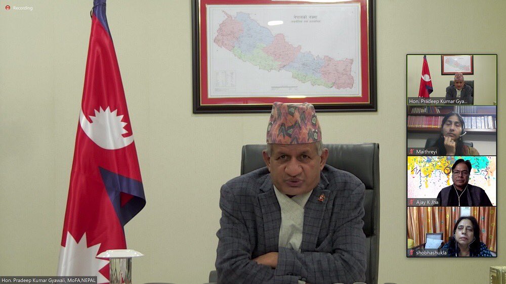 MofaNepal's tweet photo. Hon. Mr. Pradeep Kumar Gyawali, Minister for Foreign Affairs virtually addressed the closing session of the South Asia Peoples Forum on the SDGs 2020 today. https://t.co/7o3Uqq9bMk