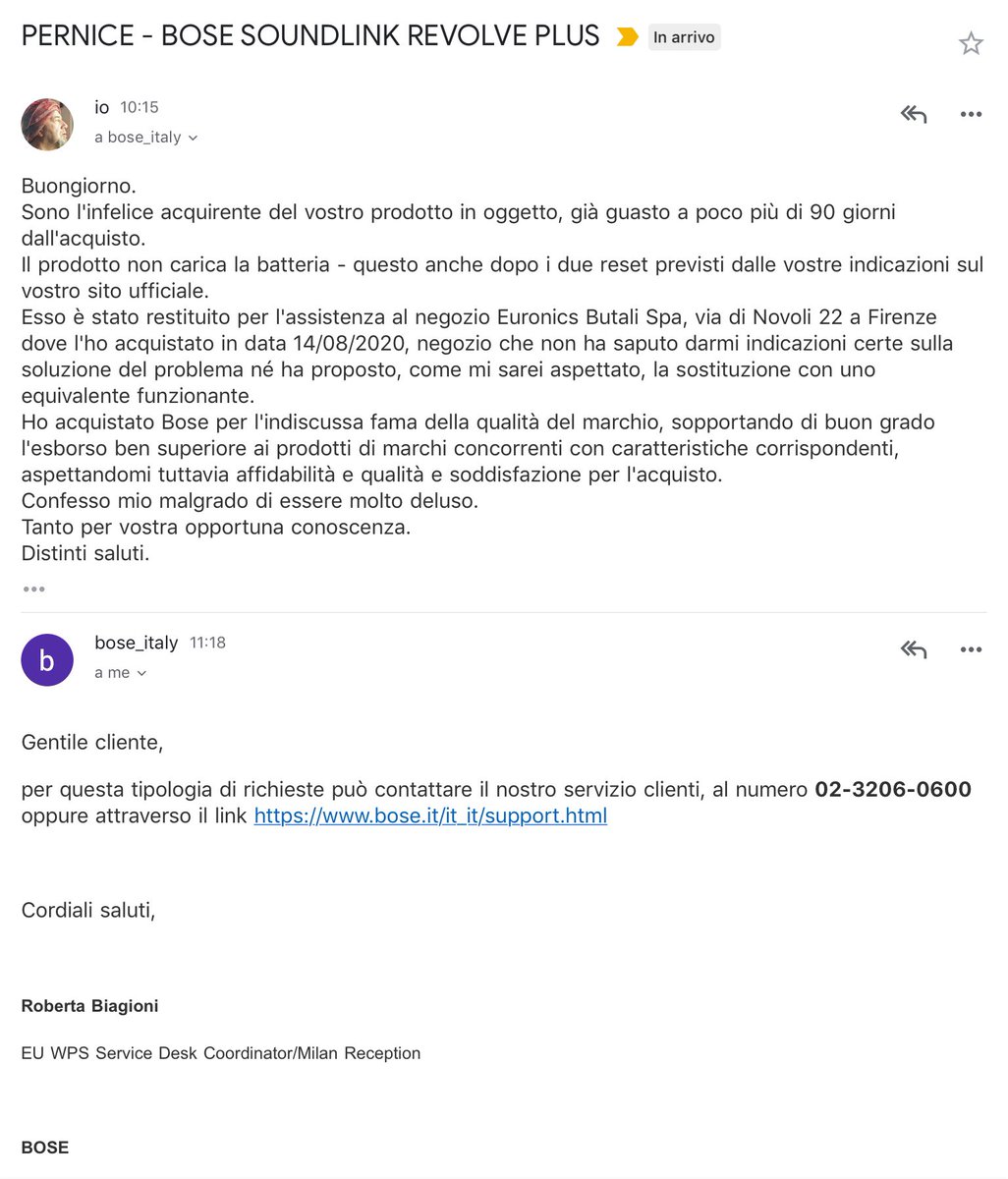 TotoPernice's tweet photo. Come perdere un cliente in 63 minuti.

@Bose @BoseService @EuronicsItalia #BOSE #euronics https://t.co/ojAf6Cmwv4