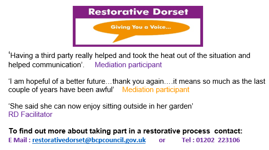 Helping to resolve conflict in Dorset.

RD, is  an independent &amp; neutral service.  We help residents who are willing to work towards finding ways to reduce ongoing conflict &amp; tension to prevent further harm and make things better.
