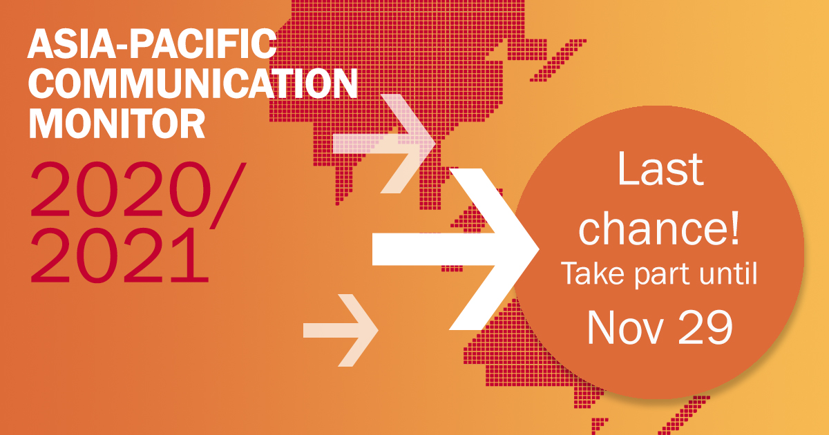 We've just prolonged this survey until Nov 29! Are you working in a comms department or agency? Go to bit.ly/APCM-20 (English) or bit.ly/APCM-20C (Chinese) to represent your country in the Asia-Pacific Communication Monitor 2020/21; the key study in the field!