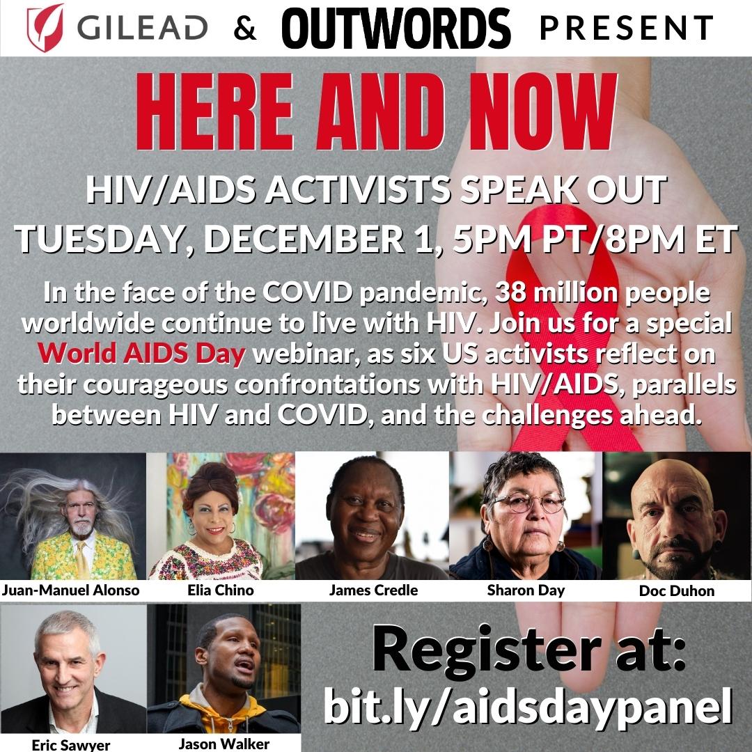 HIVStoryProject's tweet photo. TODAY, @outwordsarchive hosts "HERE AND NOW: HIV/AIDS Activists Speak Out." You might recognize two panelists from @DesertMigration, Juan-Manuel Alonso & Doc Duhon. Register: 👉 https://t.co/Fe6lnb2KcB
#WORLDAIDSDAY2020 #WorldAIDSDay #AIDS #HIV #LifeAfterAIDS #DesertMigration https://t.co/3ORd1MRWFc