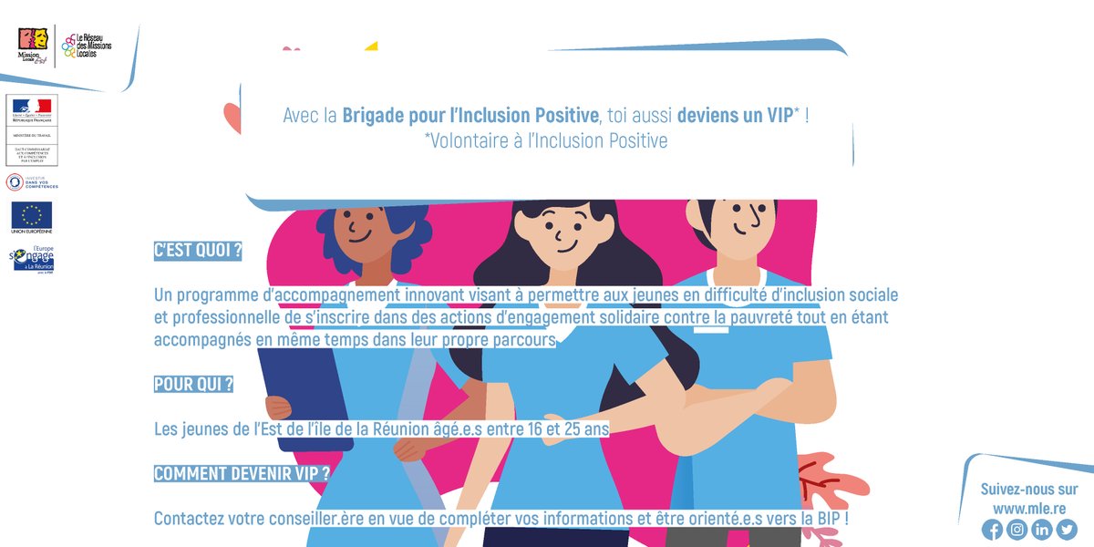 MLEstReunion's tweet photo. Lauréate de l'appel à projets national "100% inclusion - La fabrique de la remobilisation", la Mission Locale Est lance la Brigade pour l'inclusion Positive, un programme d'accompagnement à l'inclusion socioprofessionnelle associé à des actions solidaires et humanitaires ! https://t.co/pwW11jqPnX