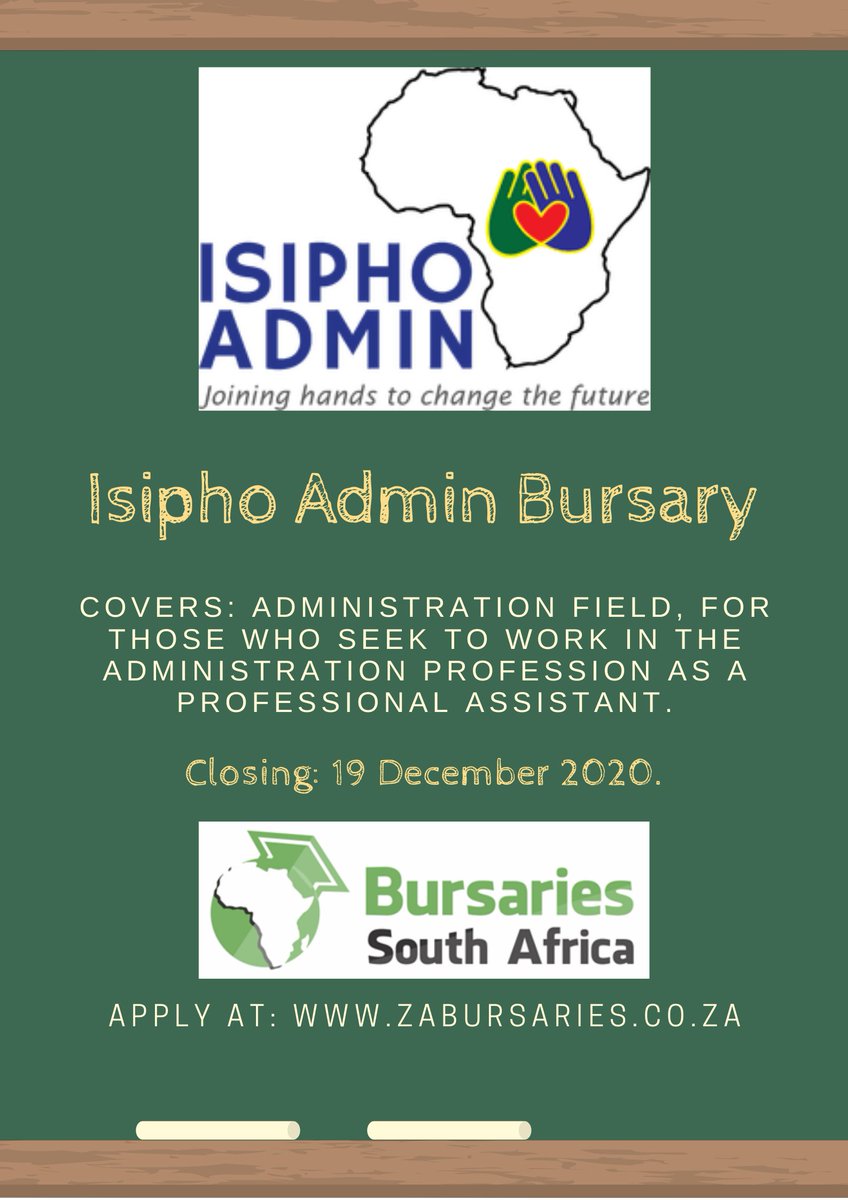 SABursaries's tweet photo. APPLY HERE for the Isipho Admin Bursary: https://t.co/9lXeq4I2nD
Covers: administration field, for those who seek to work in the administration profession as a professional assistant.
Closing: 19 December 2020.
#bursary #ZABursaries #SABursaries #AdminBursary #IsiphoAdmin https://t.co/v8XGOFN6U0