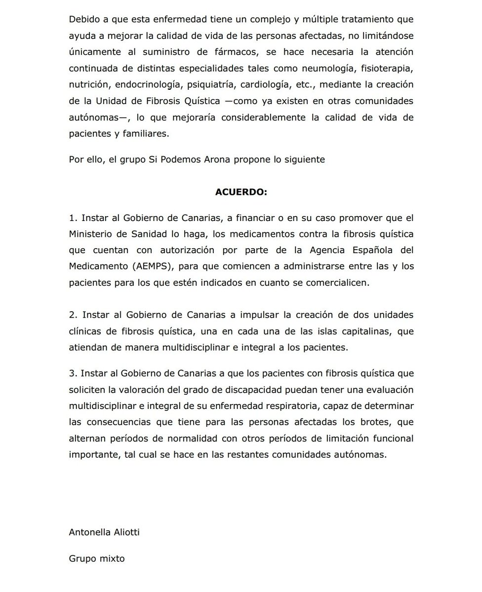 DQuistica's tweet photo. Hoy ha sido aprobada la Moción Institucional presentada en el Ayuntamiento de Arona. En ella se pide instar al Gobierno para la creación de las Unidades de Fibrosis Quística y el reconocimiento del grado de discapacidad del 33% desde el diagnóstico. https://t.co/ZgtE7ZWMaJ