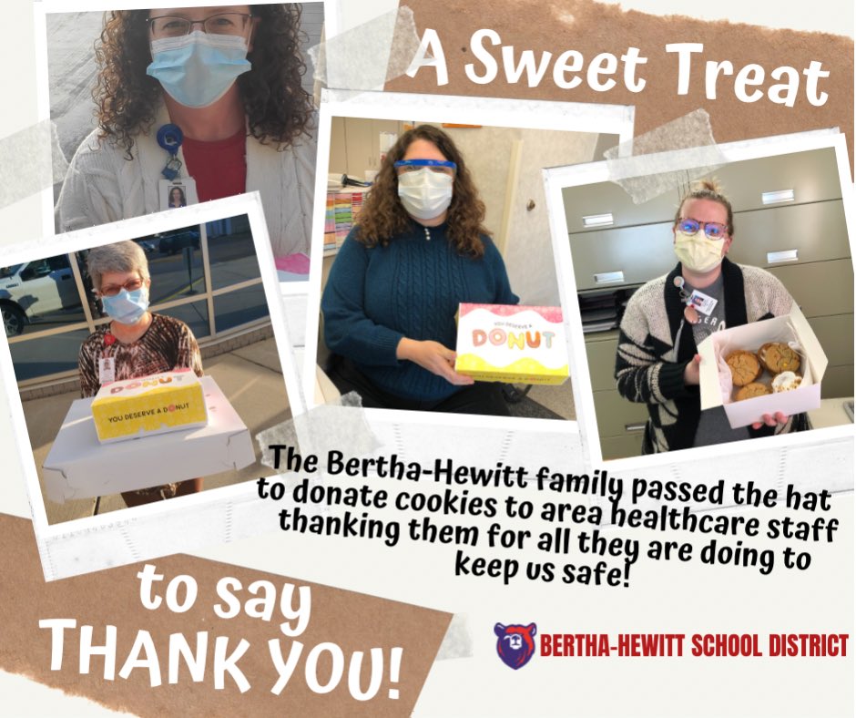 JennWolfenbarg1's tweet photo. ⁦@BHSisd786⁩ Bertha-Hewitt Schools say THANK YOU to all of our local healthcare staff! https://t.co/dbt2ZWCSTF