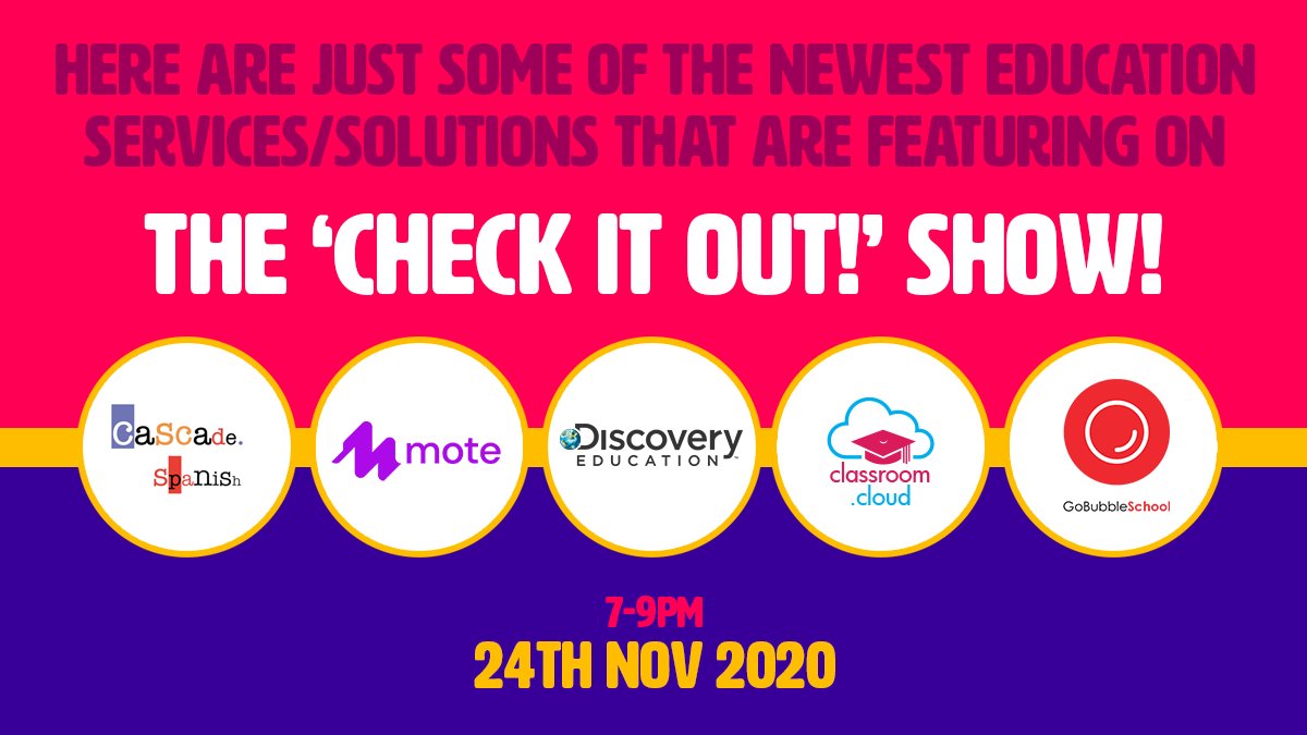 NetSupportGroup's tweet photo. The #CheckItOut show will be live tomorrow at 7pm! There's a great group of guests joining @AlKingsley_Edu and @ICTEvangelist, including Cascade Spanish, @justmoteHQ, @DiscoveryEdUk, @classroomcloud_ and @joinbubble! Tune in via https://t.co/Ei9zY4bowk #edtech #edusolutions https://t.co/UuUoxBR8kk