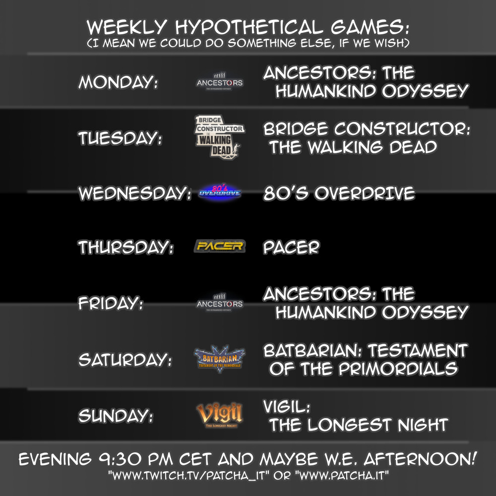 Patcha_ita's tweet photo. Schedule 2020/11/23
https://t.co/uSsJEFlaj1
21:30 - 00:30 CET.

#twitch #twitchitalia #patcha #patcha_it #schedule #week #games #live #evening #cet #AncestorsGame #Ancestors #BCTWD #80soverdrive #Pacer #batbarian #Vigil #BridgeConstructor #WalkingDead https://t.co/s7zCducjId
