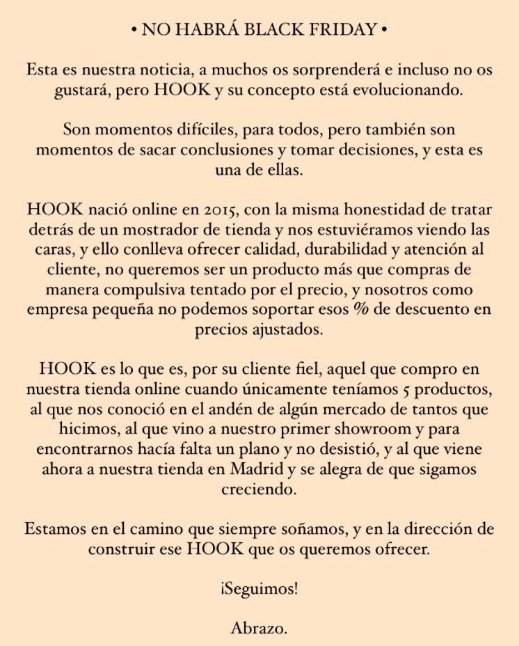 • NO HABRÁ BLACK FRIDAY •

HOOK
C/Santa Teresa 12, Zona Justica
Madrid

👉🏻hookeshop.com

#blackfriday #noblackfriday #madeinspain #modasostenible #Salesas #Madrid #consumelocal