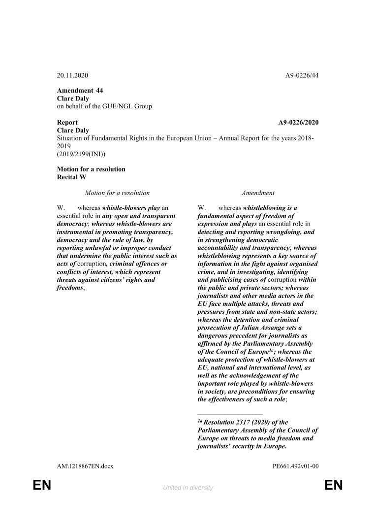 Here is the text of  #AssangeAmendment44, recognising the Assange case as a fundamental rights concern, and enhancing the language on whistleblowers.Urge your MEPs to support it tomorrow when it is voted in the plenary session of the  @Europarl_EN
