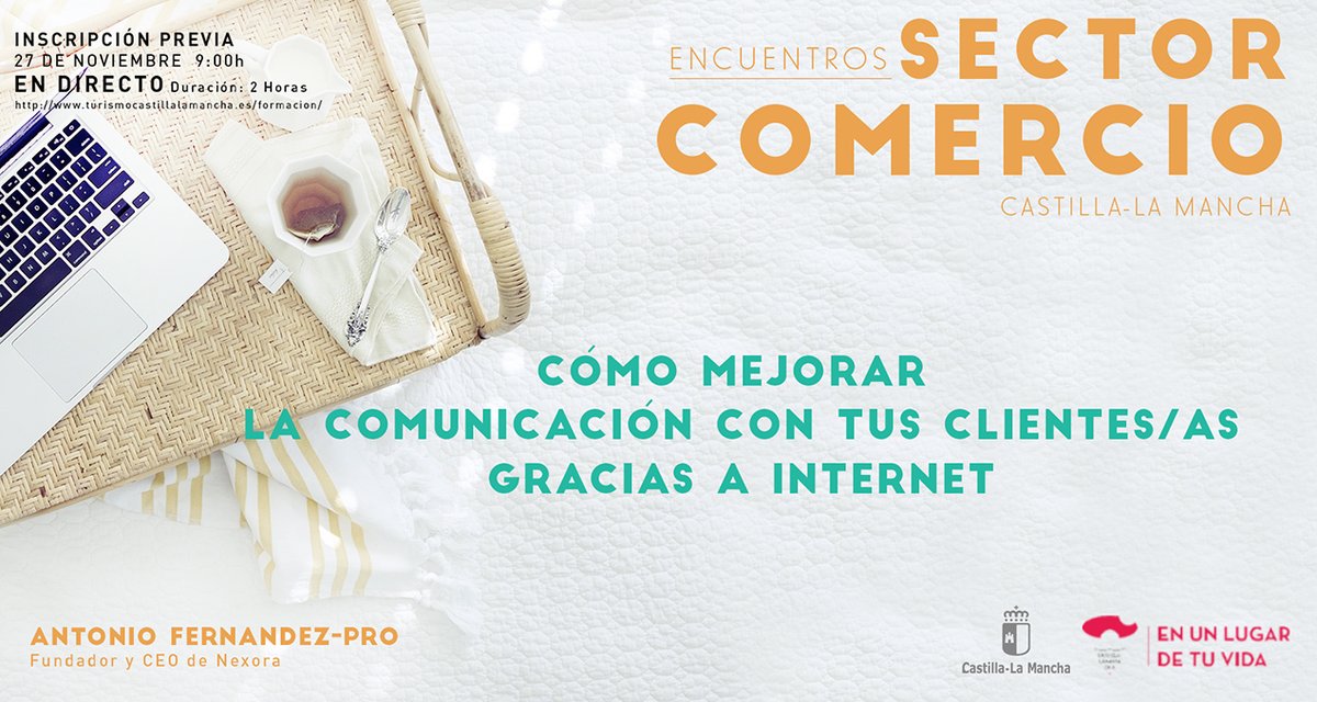 2⃣7⃣ ¡Nueva cita en los encuentros del sector comercio!
📆 27 de noviembre, de 9:00h
🎙 Con Antonio Fernández-Pro, CEO de <a href="/NexoraSolutions/">Nexora Digital</a> 
🌀 Cómo mejorar la comunicación con tus clientes, gracias a Internet
❗ ¡Inscríbete! 👉 bit.ly/3kabiz0
#CLM