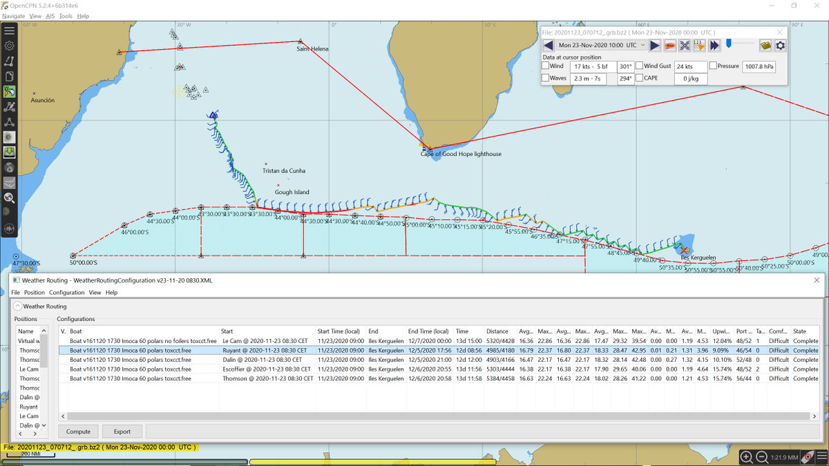 Herman_Caron's tweet photo. Weather update and routing for the #VG2020 based on GFS, OpenCPN climate plugin and positions 08:30 CET https://t.co/aBP5sDyp8d