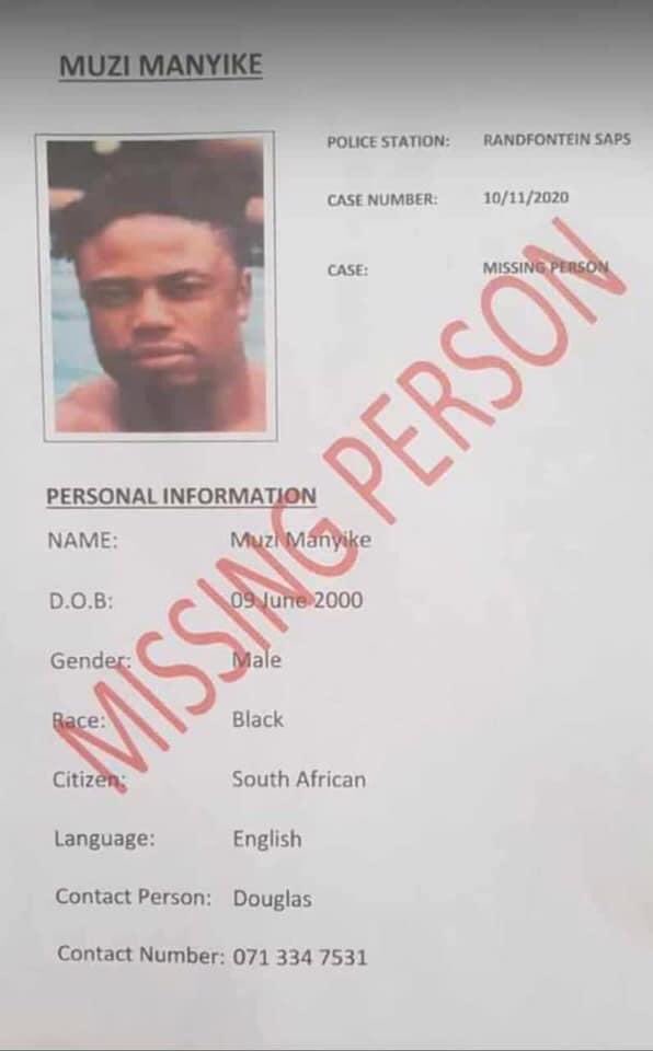 SifisoHlope's tweet photo. Former SA Schools rugby captain &amp; Lions player Muzi Manyike has been missing since early November. Please retweet for awareness 💛 Our prayers with you champ! https://t.co/LcVqsOEG3J